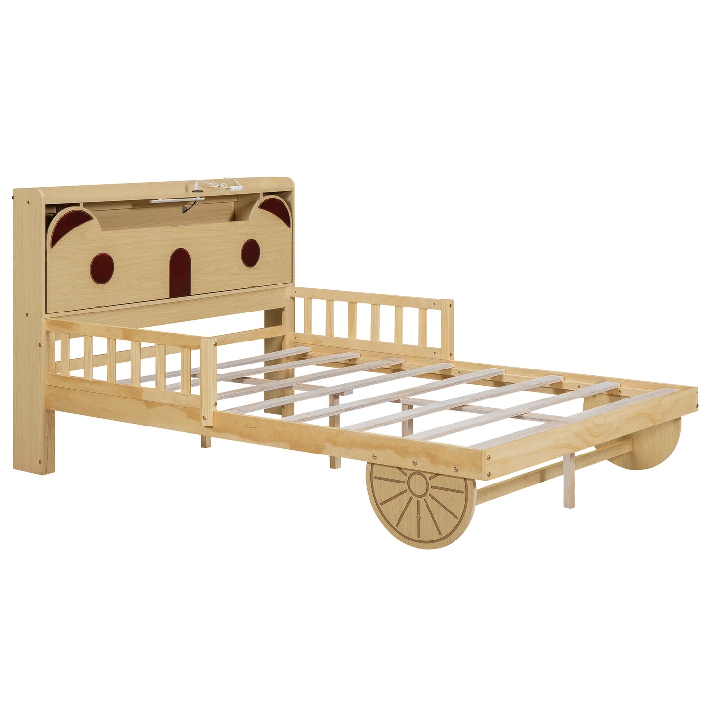 Full Size Car Bed with Bear-Shaped Headboard  USB and LED  Natural