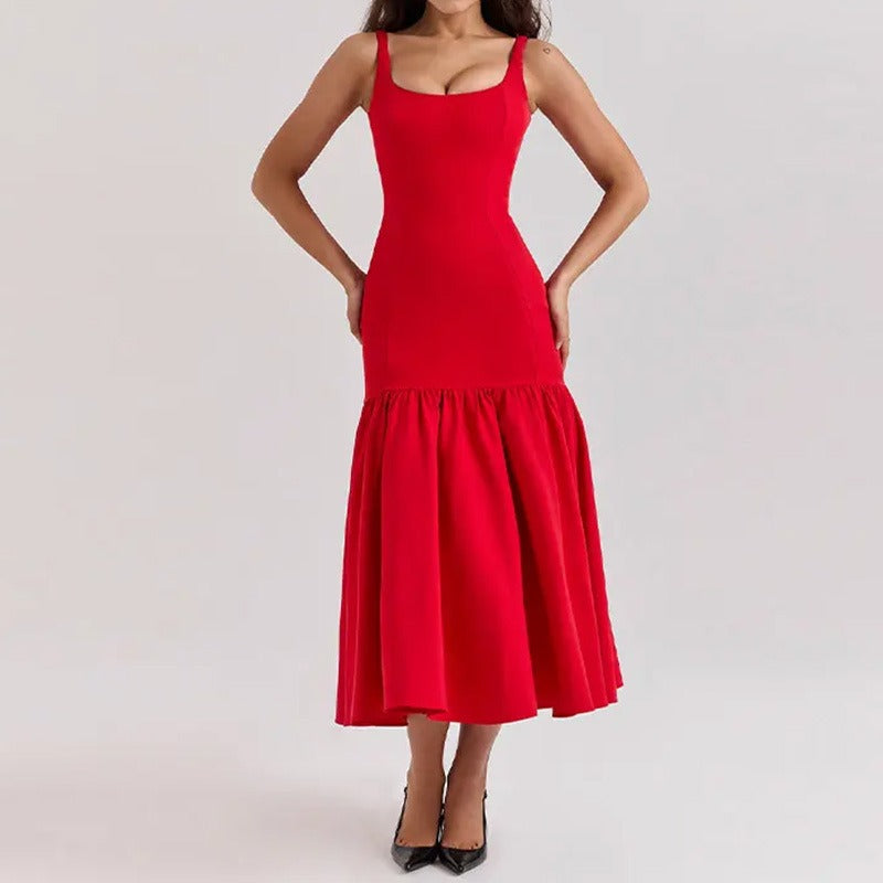 Square neckline sleeveless women's elegant ruffled edge solid color suspender dress