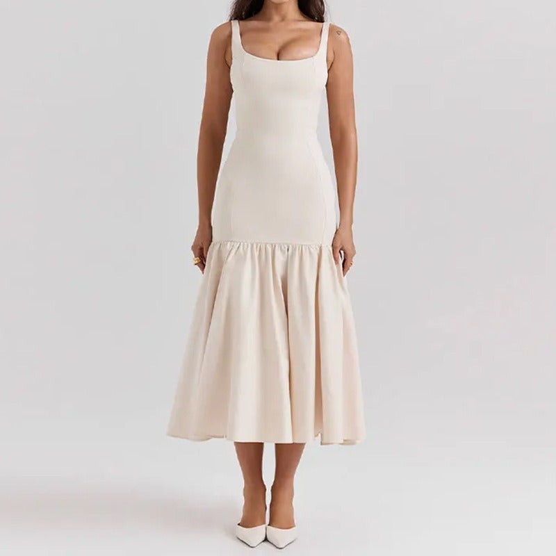 Square neckline sleeveless women's elegant ruffled edge solid color suspender dress
