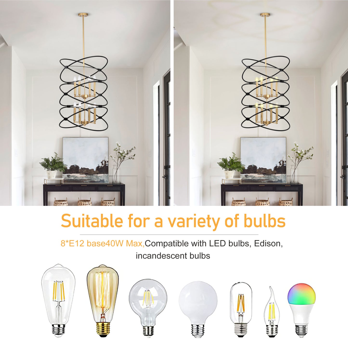 Transitional Gold/Matte Black Metal Chandelier Fixture, 8 lights, 2-Tier-Candle Ceiling Light for Living Room, Bedroom