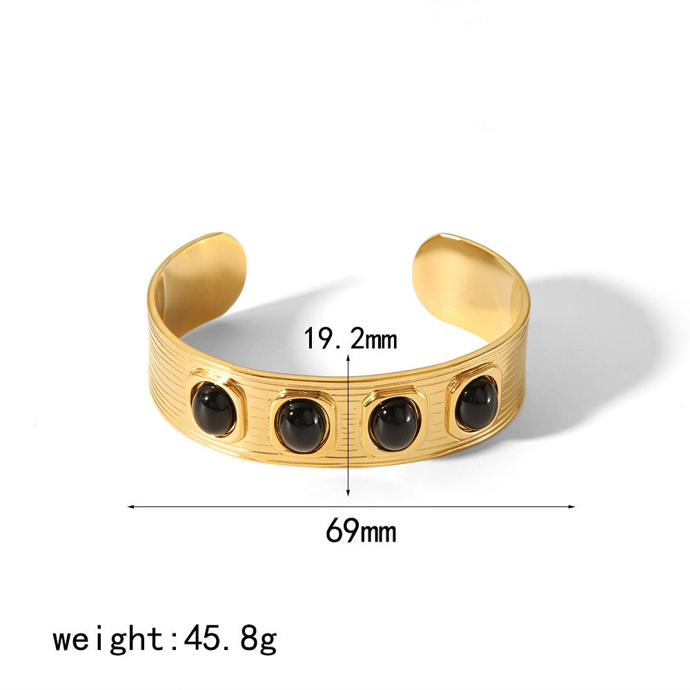 Geometric inlaid gemstone bracelet, stainless steel earrings, open ring, high-end women