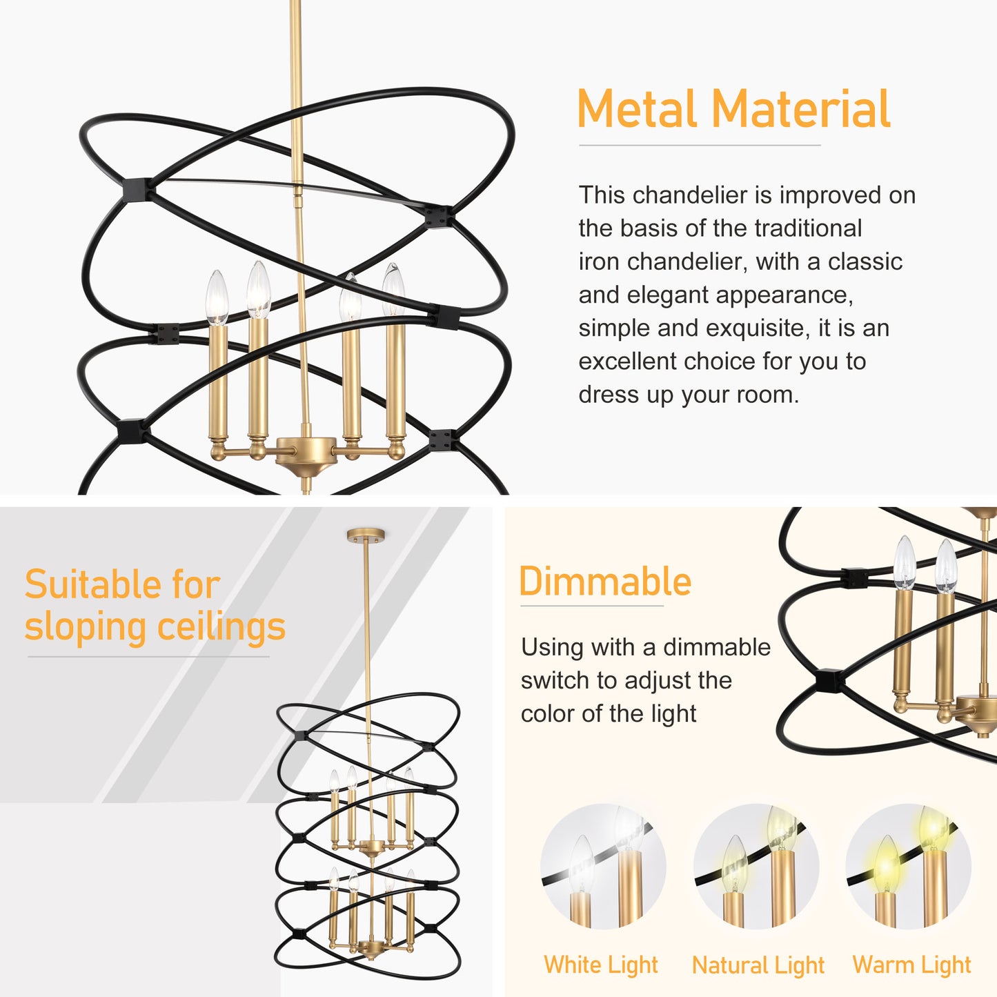 Transitional Gold/Matte Black Metal Chandelier Fixture, 8 lights, 2-Tier-Candle Ceiling Light for Living Room, Bedroom