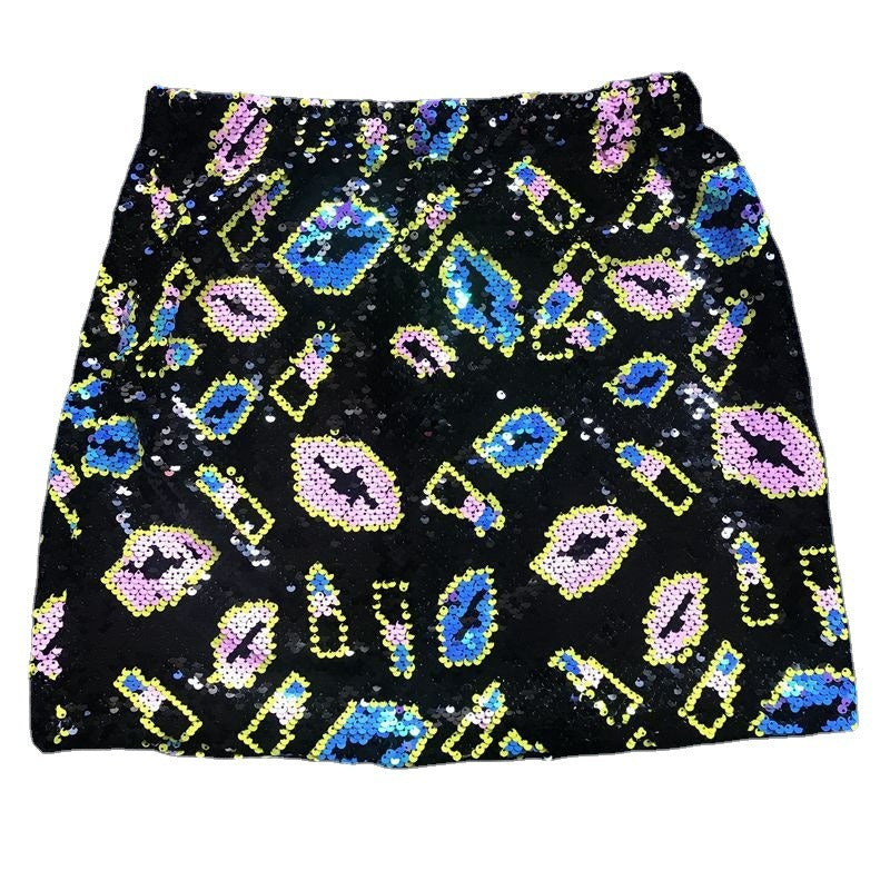 Elastic band high waisted short skirt with versatile style and sequin wrapped hip skirt