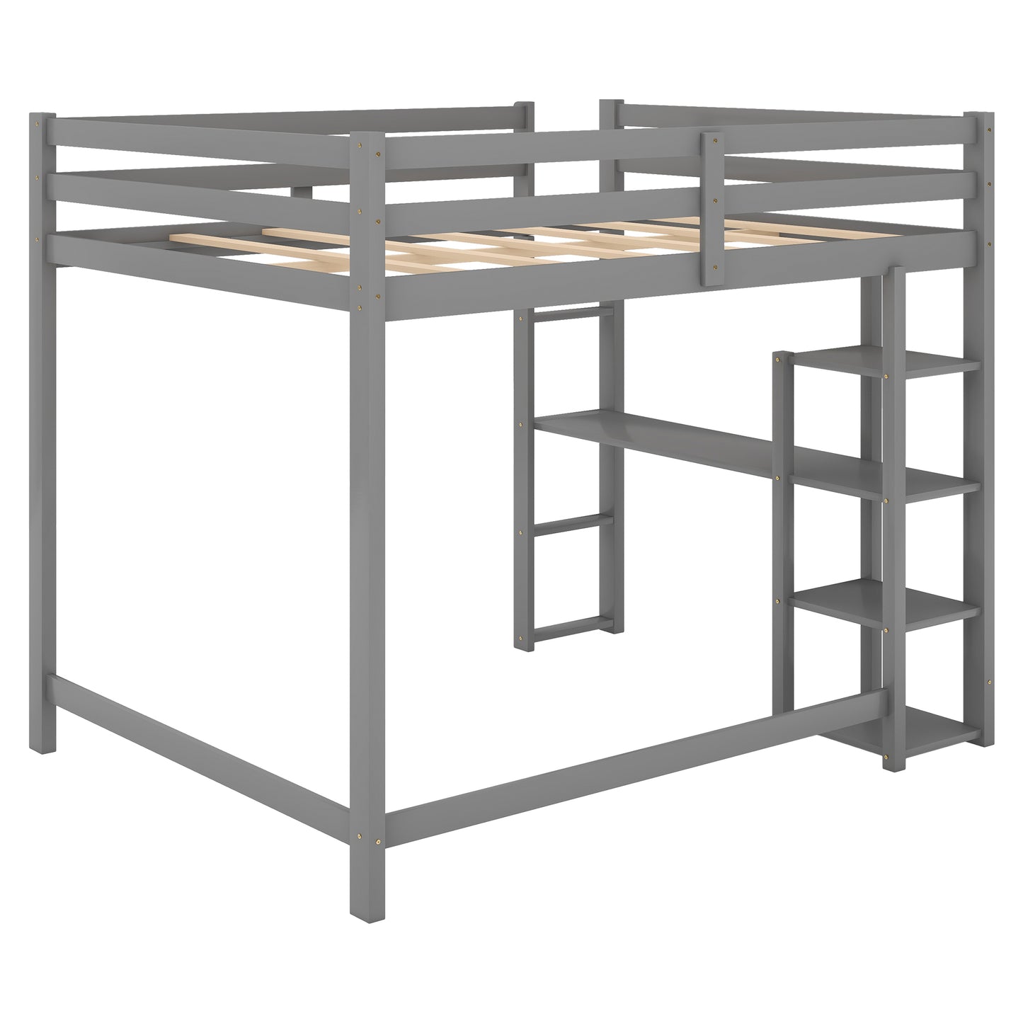 Full Size Loft Bed with Built-in Desk and Shelves Gray
