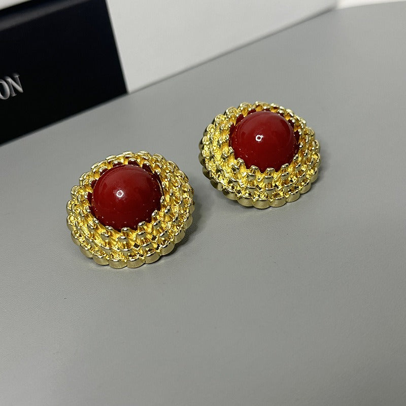 Three-dimensional round button red earrings fashionable personality simple temperament earrings for women
