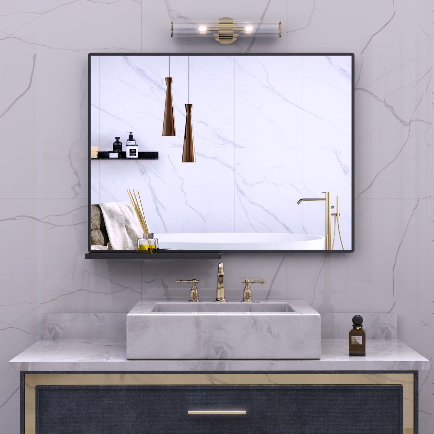 48x30 inch modern bathroom mirror with storage rack  rectangular black wall mirror for hanging mirror in bathroom, living room,