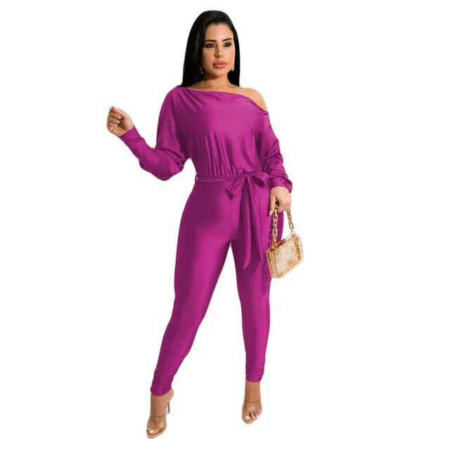 Autumn Women Clothing New Style Hot Sale Fashion Sexy Solid Color One Shoulder Lace Up Long Sleeved Trousers Jumpsuit