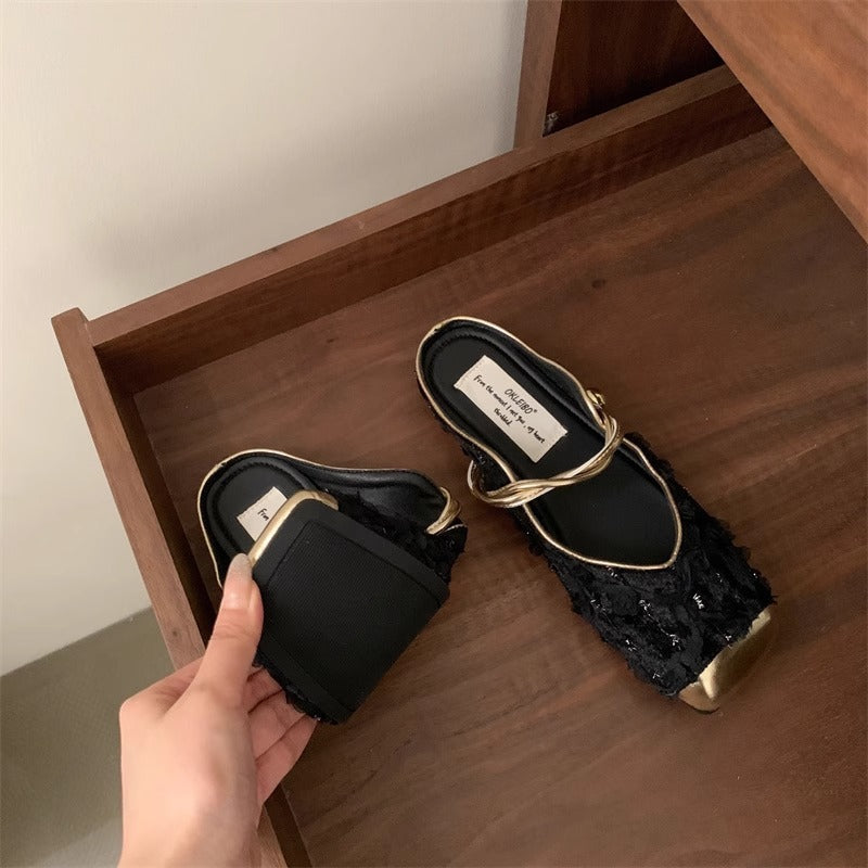 Gentle New Chinese Style Retro Chinese Style Baotou Half Slippers Women's Soft Sole French Sandals