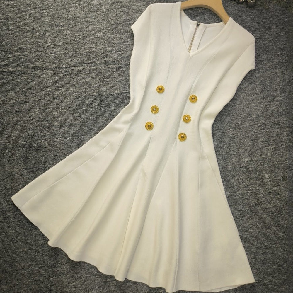 Fashionable raglan sleeve V-neck metal buckle high-waist zipper knitted dress