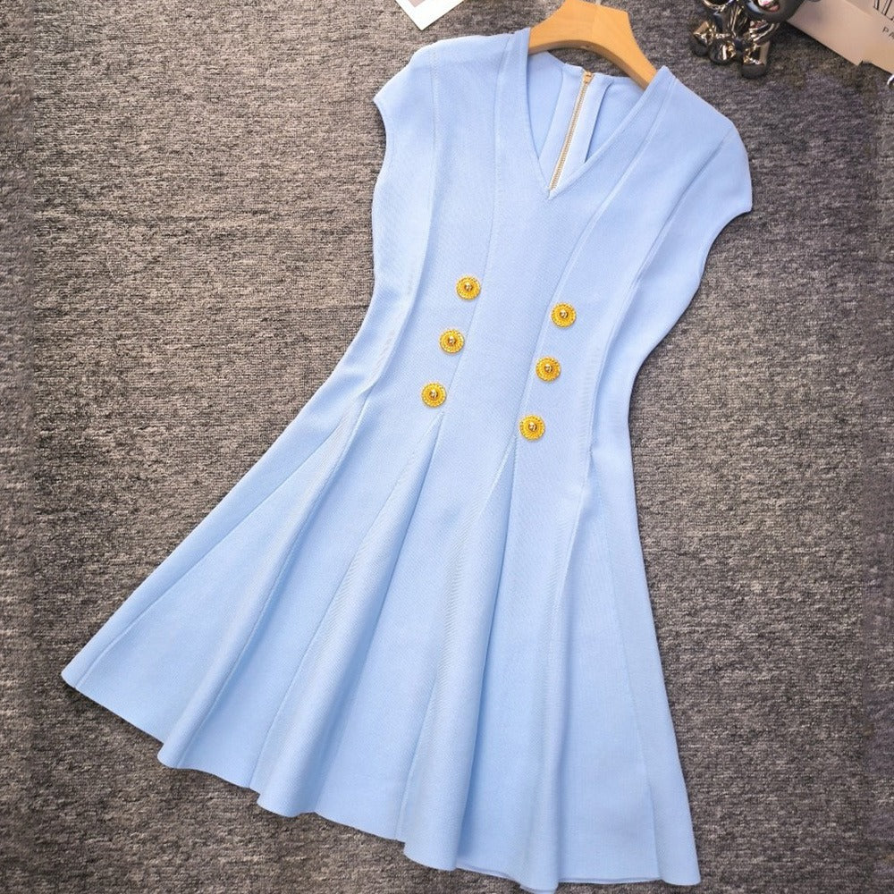 Fashionable raglan sleeve V-neck metal buckle high-waist zipper knitted dress