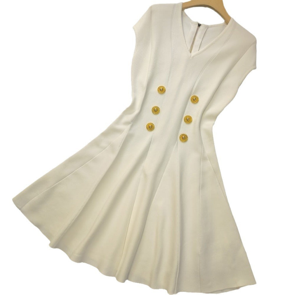 Fashionable raglan sleeve V-neck metal buckle high-waist zipper knitted dress