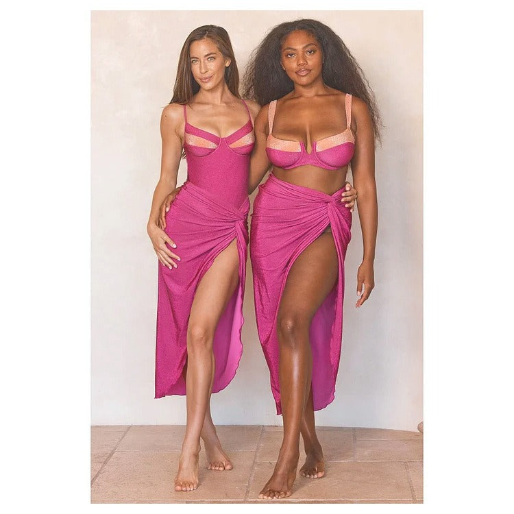 Fluorescent sexy one piece swimsuit wrapped skirt set for women