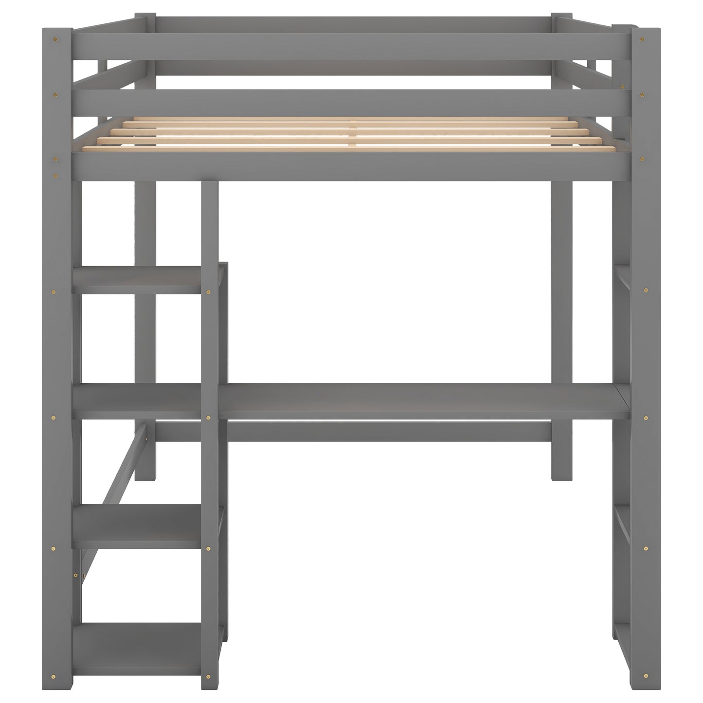 Full Size Loft Bed with Built-in Desk and Shelves Gray