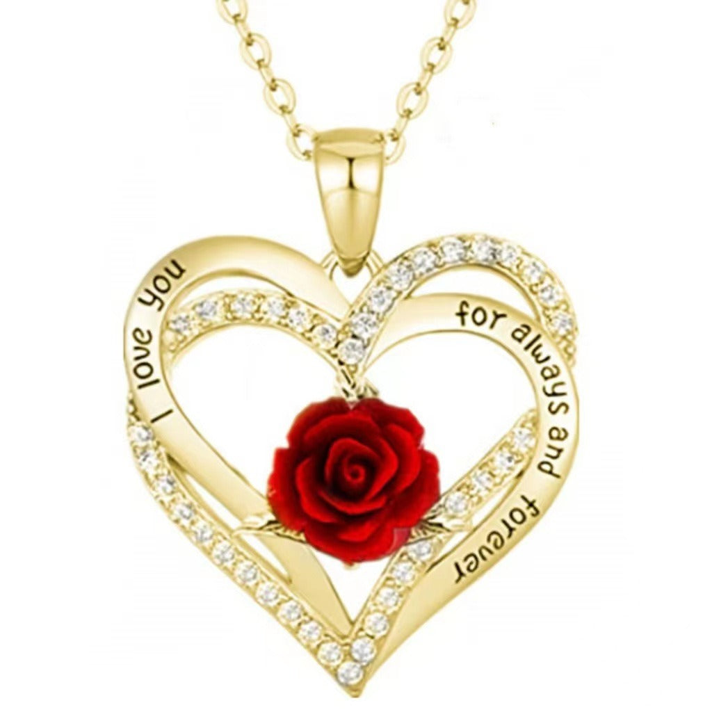 Cross border hot selling double-layer heart-shaped pendant with roses, European and American fashionable love necklace, annivers