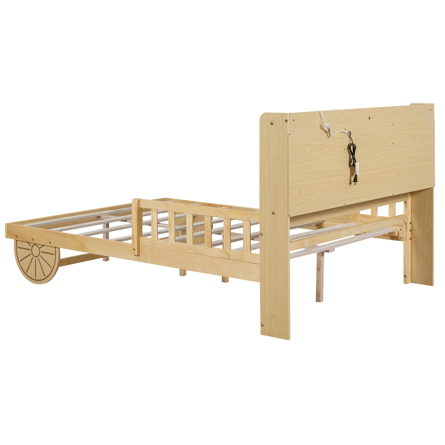 Full Size Car Bed with Bear-Shaped Headboard  USB and LED  Natural