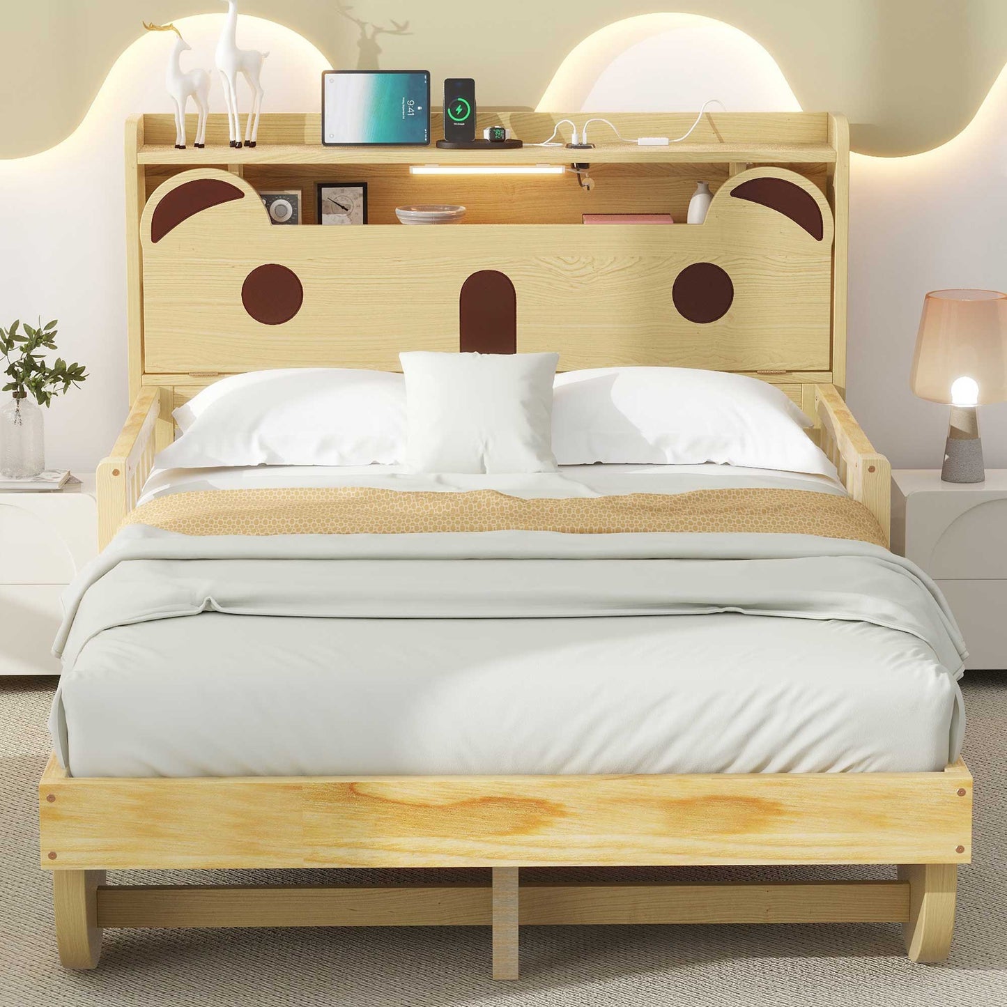 Full Size Car Bed with Bear-Shaped Headboard  USB and LED  Natural