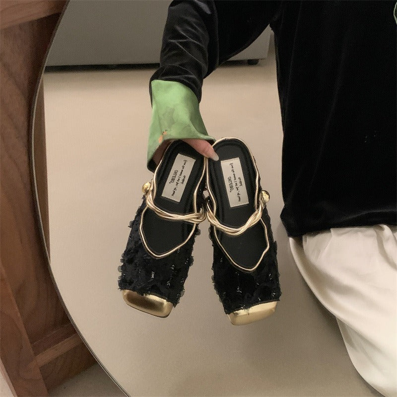 Gentle New Chinese Style Retro Chinese Style Baotou Half Slippers Women's Soft Sole French Sandals