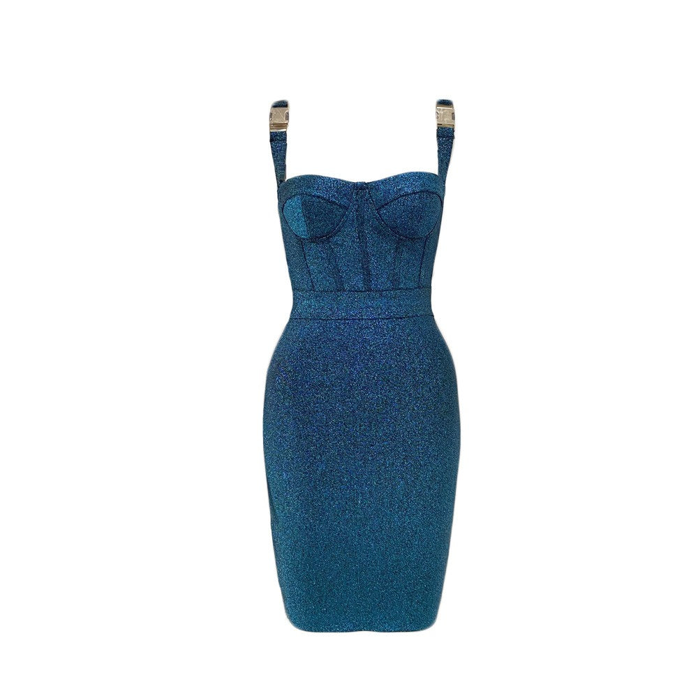 European and American new sexy suspender buckle gold thread bandage skirt tight elastic temperament party dress skirt