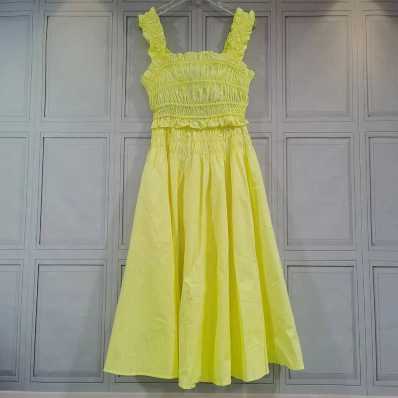 Romantic cheese yellow exposed navel strap A-line slimming pleated skirt