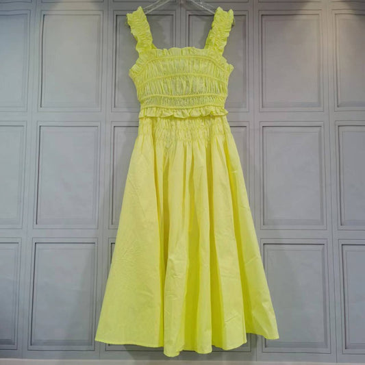 Romantic cheese yellow exposed navel strap A-line slimming pleated skirt
