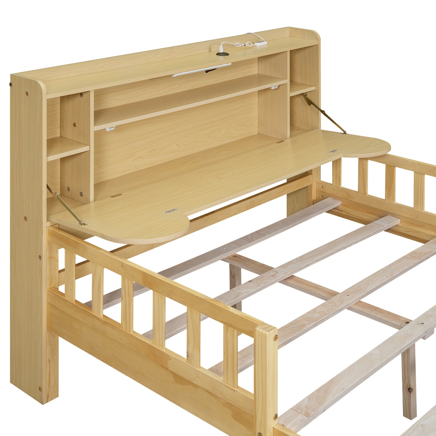 Full Size Car Bed with Bear-Shaped Headboard  USB and LED  Natural