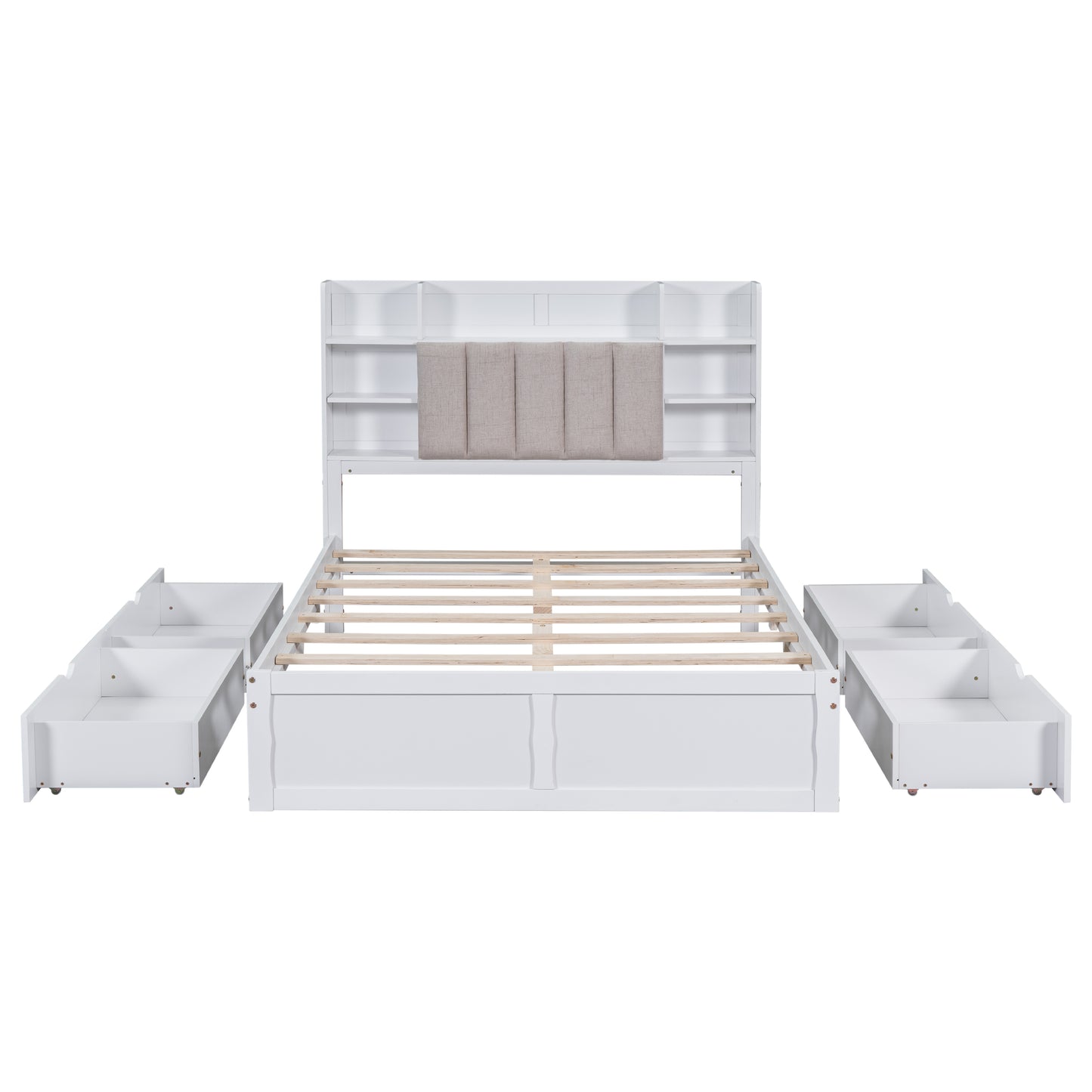 Multi-functional Full Size Bed Frame with 4 Under-bed Portable Storage Drawers and Multi-tier Bedside Storage Shelves White