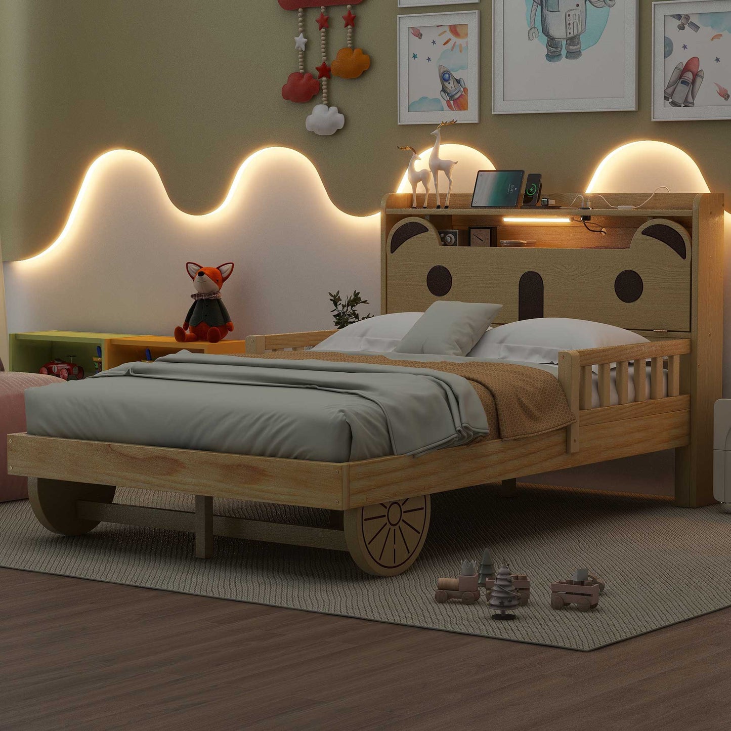 Full Size Car Bed with Bear-Shaped Headboard  USB and LED  Natural