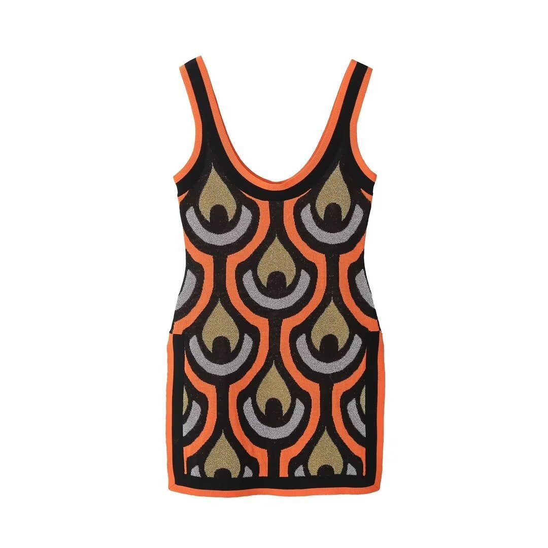 Women Knitted Print Long Sling Top Two Piece Set Lady Casual Sleeveless Square Neck Top Wide Leg Pants Pullover Knitwear Suits