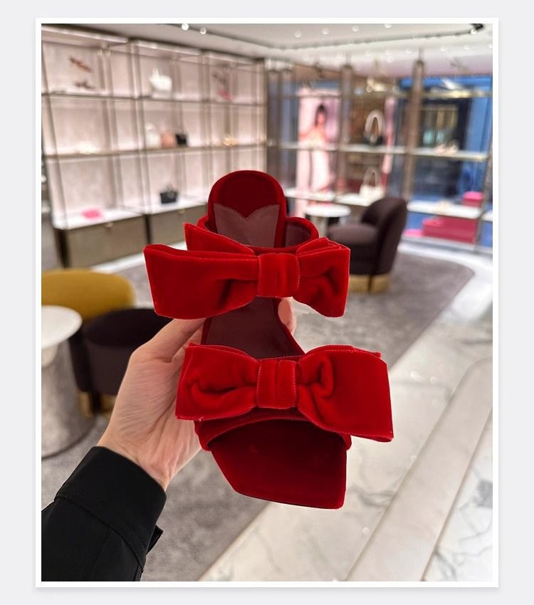 women's red velvet bow sandals open toe