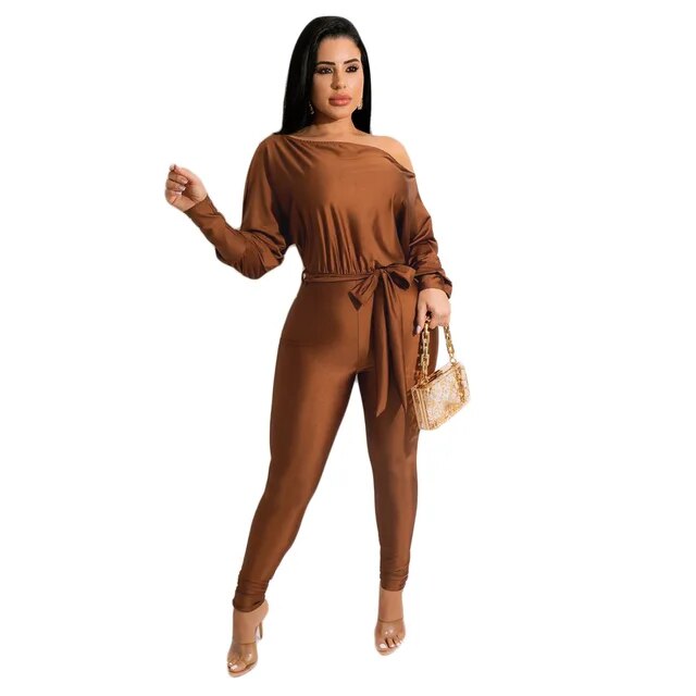 Autumn Women Clothing New Style Hot Sale Fashion Sexy Solid Color One Shoulder Lace Up Long Sleeved Trousers Jumpsuit