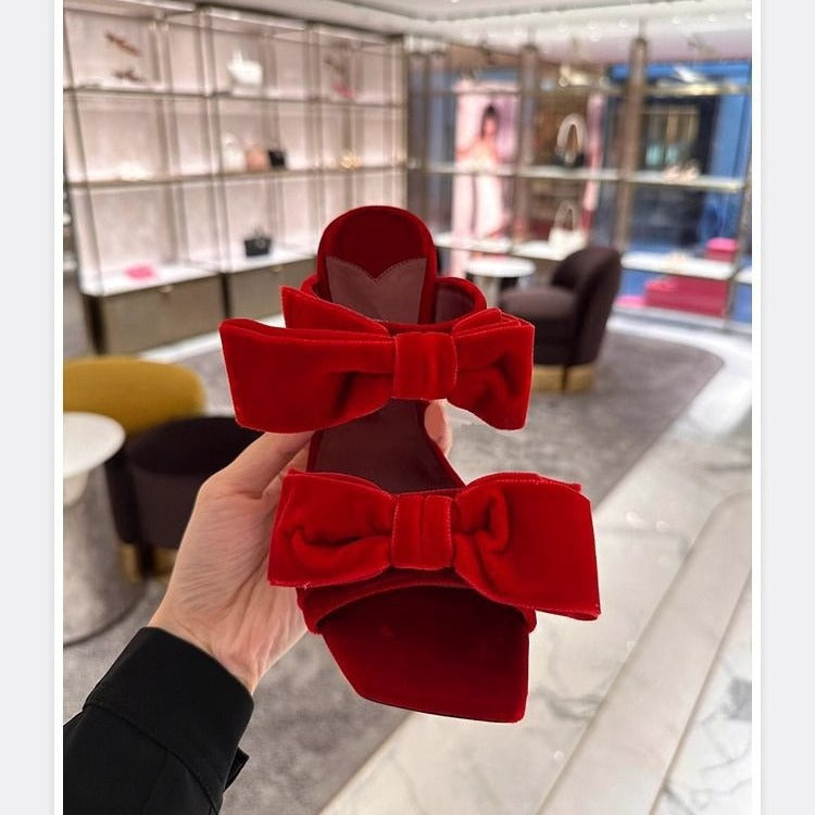 women's red velvet bow sandals open toe
