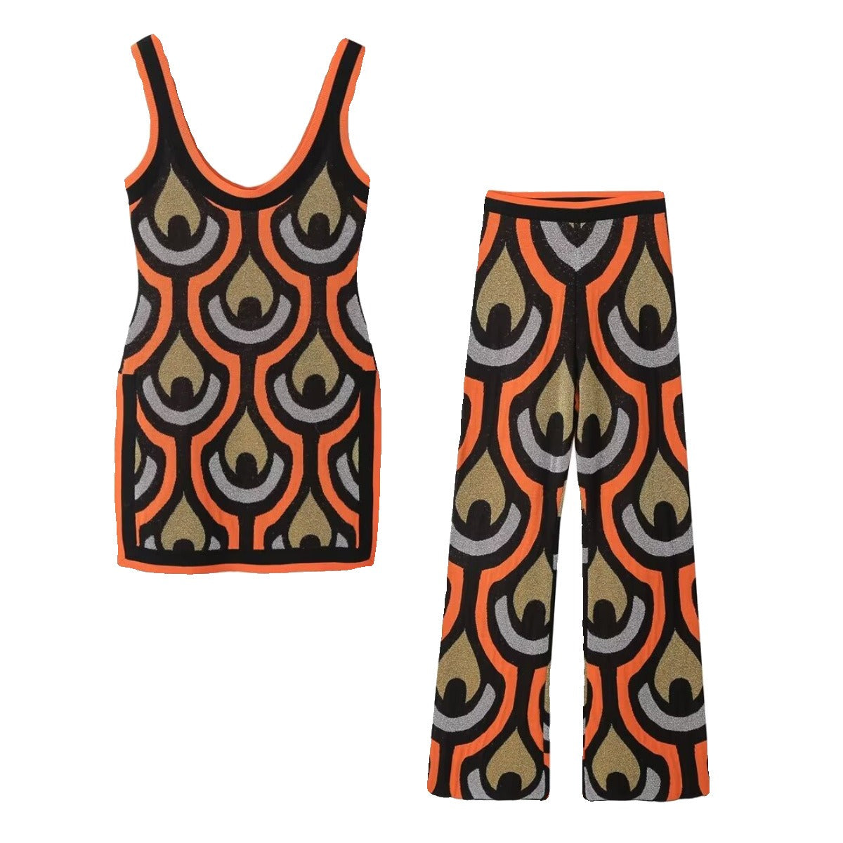 Women Knitted Print Long Sling Top Two Piece Set Lady Casual Sleeveless Square Neck Top Wide Leg Pants Pullover Knitwear Suits