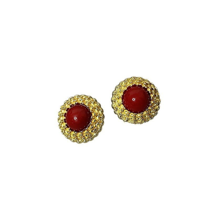 Three-dimensional round button red earrings fashionable personality simple temperament earrings for women