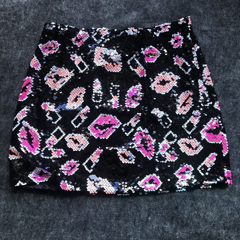 Elastic band high waisted short skirt with versatile style and sequin wrapped hip skirt