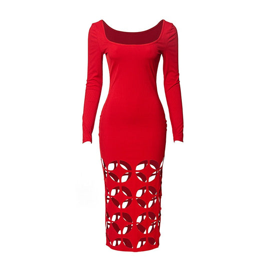 Solid color round neck long sleeved hollow wrap buttocks high waisted dress