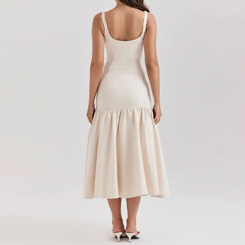 Square neckline sleeveless women's elegant ruffled edge solid color suspender dress