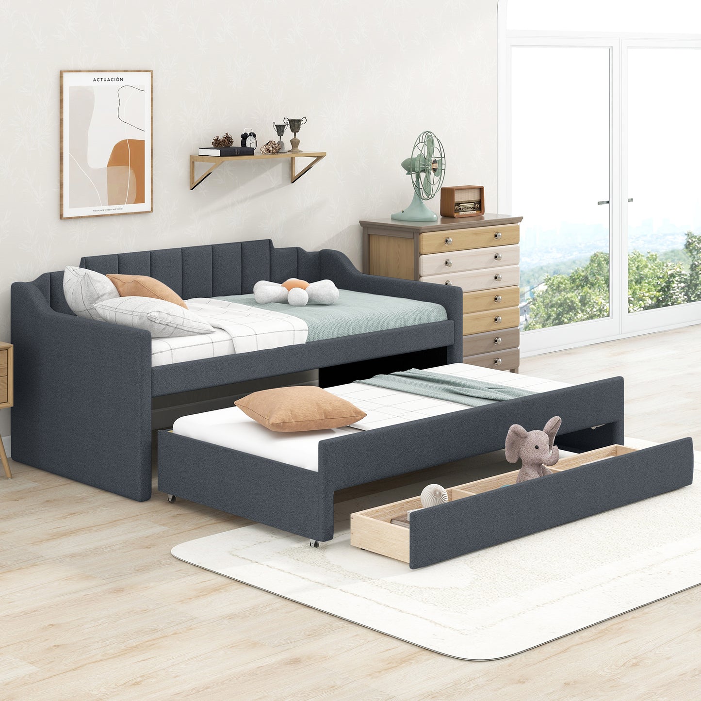 Twin Size Upholstered Daybed with Trundle and Three Drawers Grey