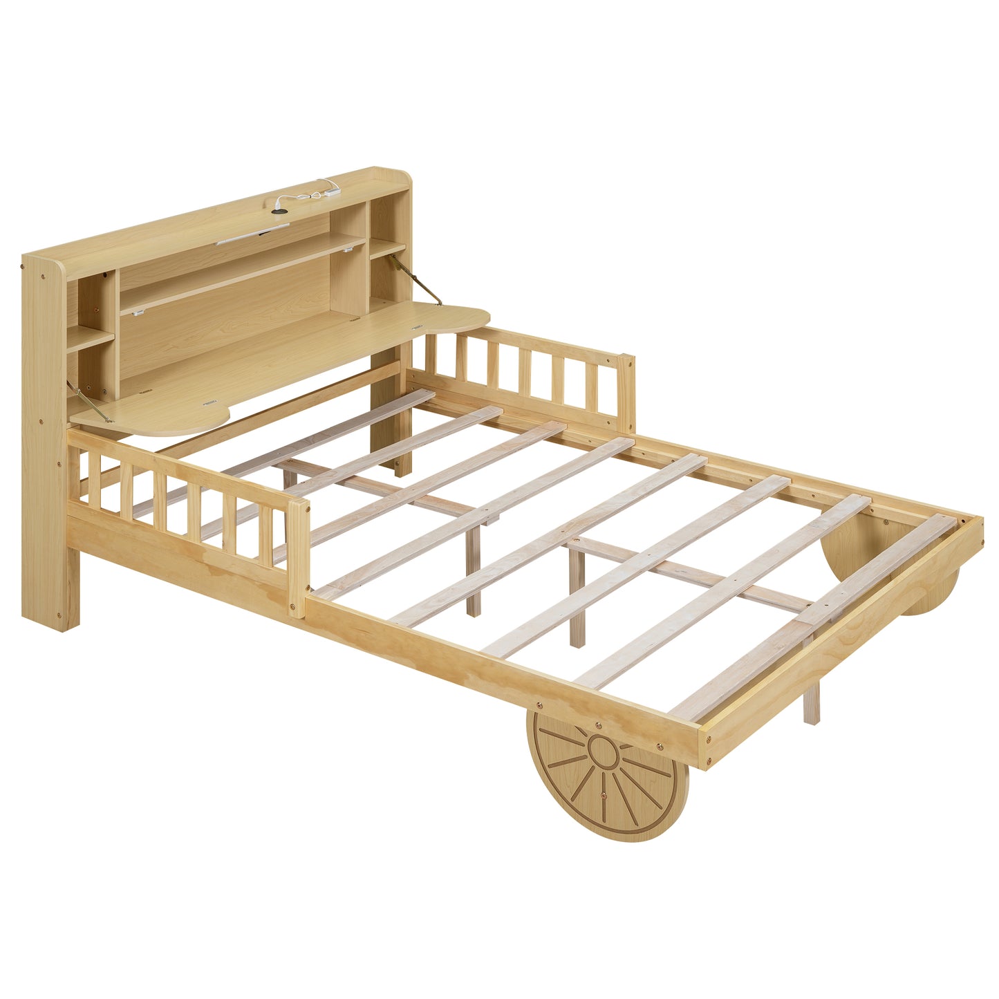 Full Size Car Bed with Bear-Shaped Headboard  USB and LED  Natural