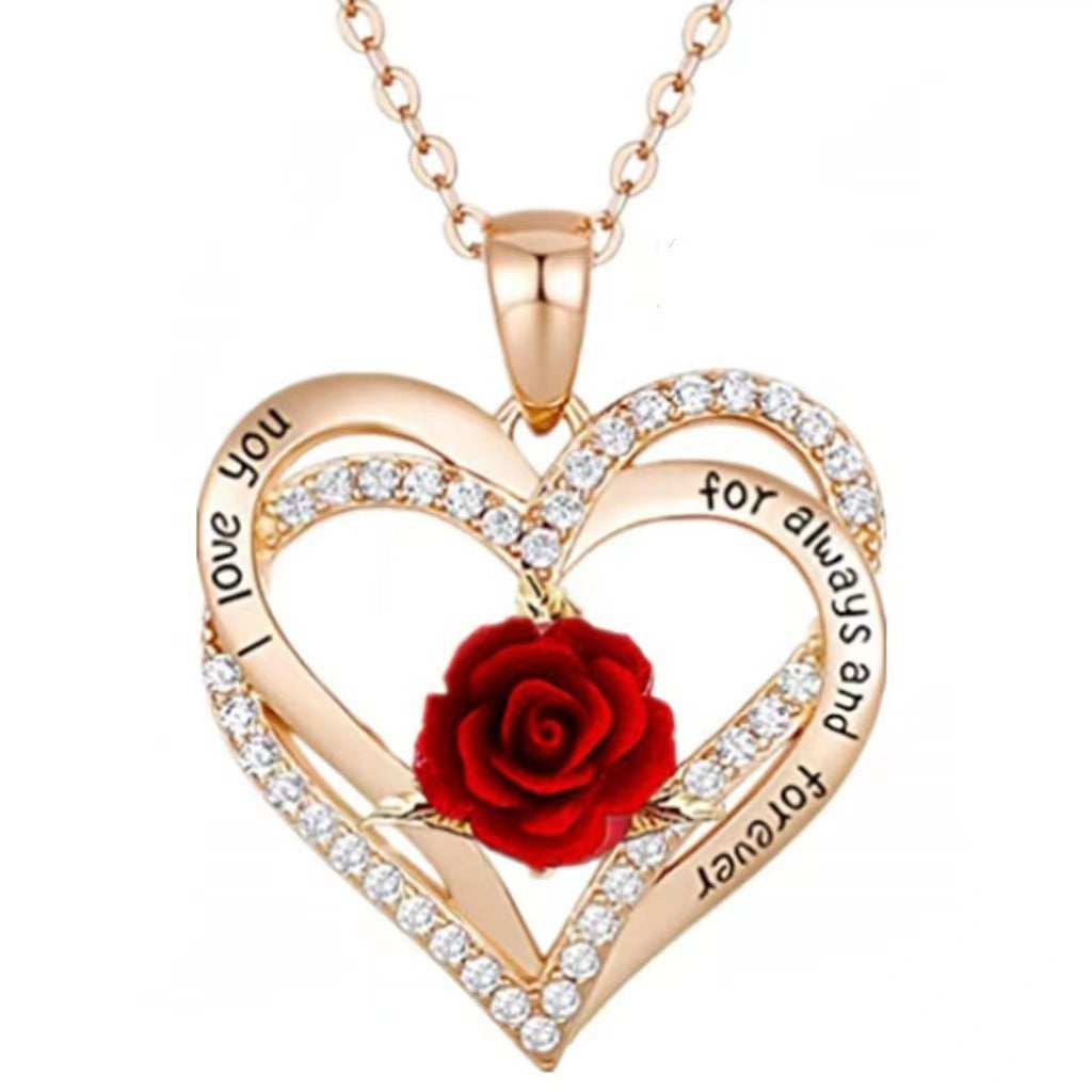 Cross border hot selling double-layer heart-shaped pendant with roses, European and American fashionable love necklace, annivers