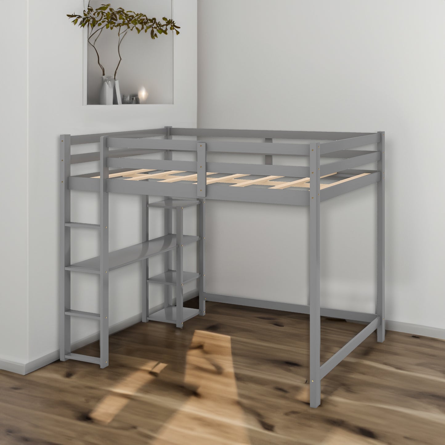 Full Size Loft Bed with Built-in Desk and Shelves Gray