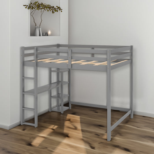 Full Size Loft Bed with Built-in Desk and Shelves Gray