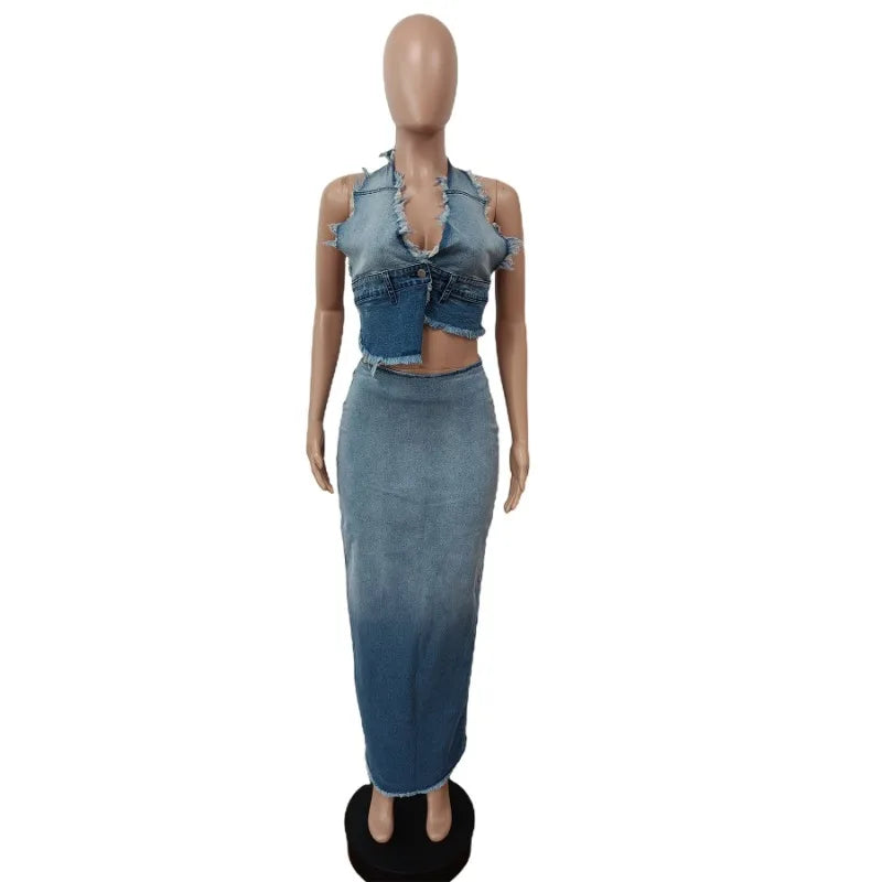 Gradient Jeans Two Piece Set Women Tassel Sexy Lace Up Halter Irregular Vest Crop Top Back Split Bodycon Maxi Skirts Denim Suit