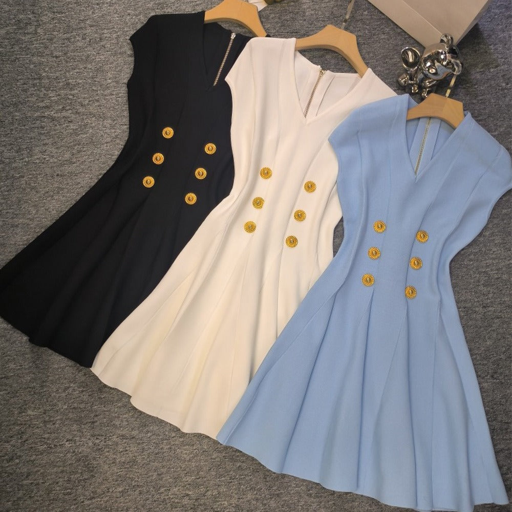Fashionable raglan sleeve V-neck metal buckle high-waist zipper knitted dress