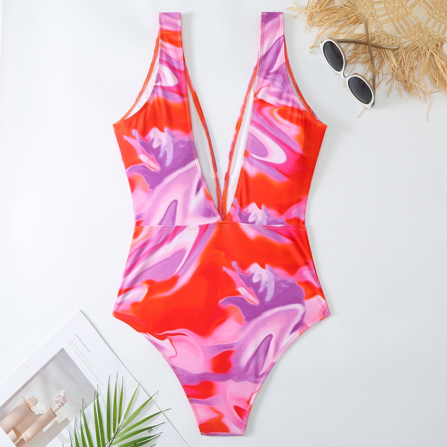 Rose Red Swimsuit Retro New One Piece Swimsuit Women's Deep V-Lace Chiffon Skirt Set