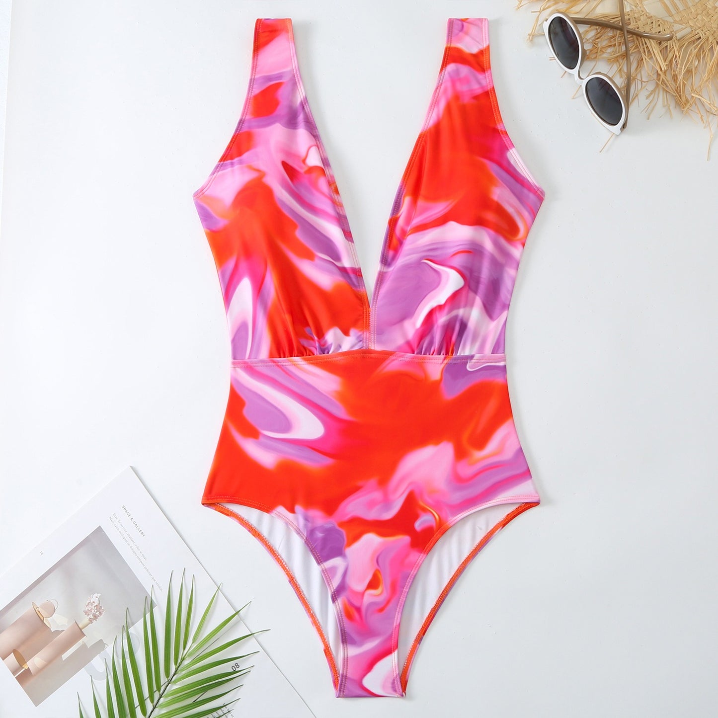 Rose Red Swimsuit Retro New One Piece Swimsuit Women's Deep V-Lace Chiffon Skirt Set
