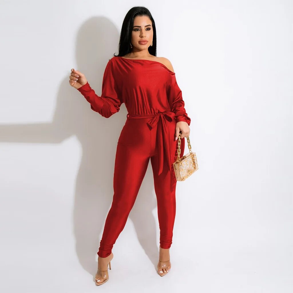 Autumn Women Clothing New Style Hot Sale Fashion Sexy Solid Color One Shoulder Lace Up Long Sleeved Trousers Jumpsuit