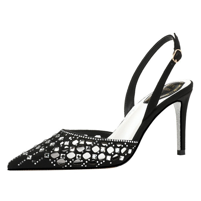 Semi-trail pointed toe rhinestone thin heel bag toe high heel strap