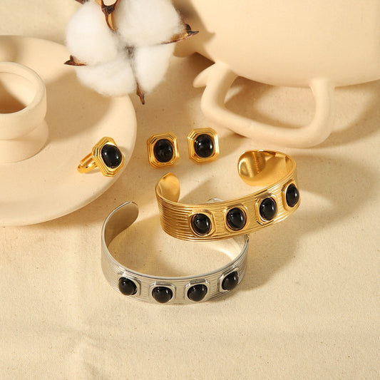 Geometric inlaid gemstone bracelet, stainless steel earrings, open ring, high-end women