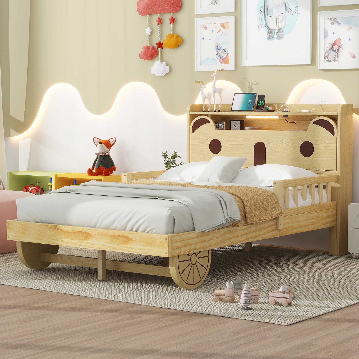 Full Size Car Bed with Bear-Shaped Headboard  USB and LED  Natural