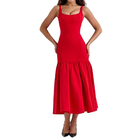 Square neckline sleeveless women's elegant ruffled edge solid color suspender dress